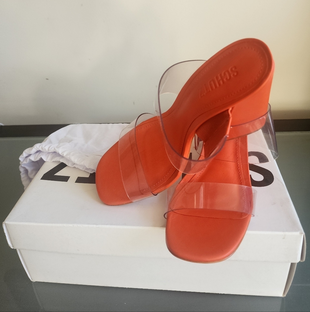 SCHUTZ Vibrant Orange Heels with Clear Straps